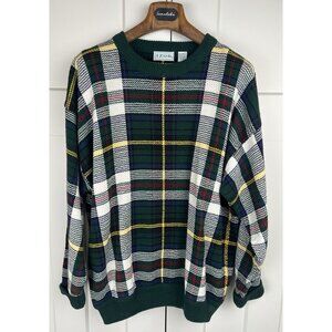 Vintage IZOD Men's Plaid Sweater L Green Tartan Chunky Knit Preppy 90's